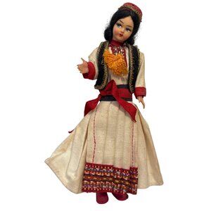Vintage Folk Doll In Traditional Costume With Embroidered Details & Red Accents